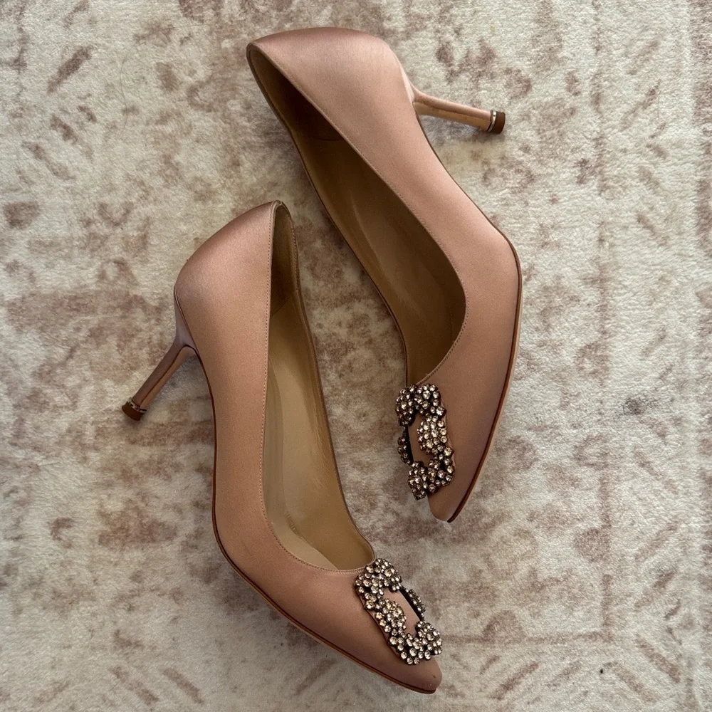 Manolo Blahnik Nude Satin Pointed Toe Pumps with Crystal Buckle Embellishment - Picture 3 of 5